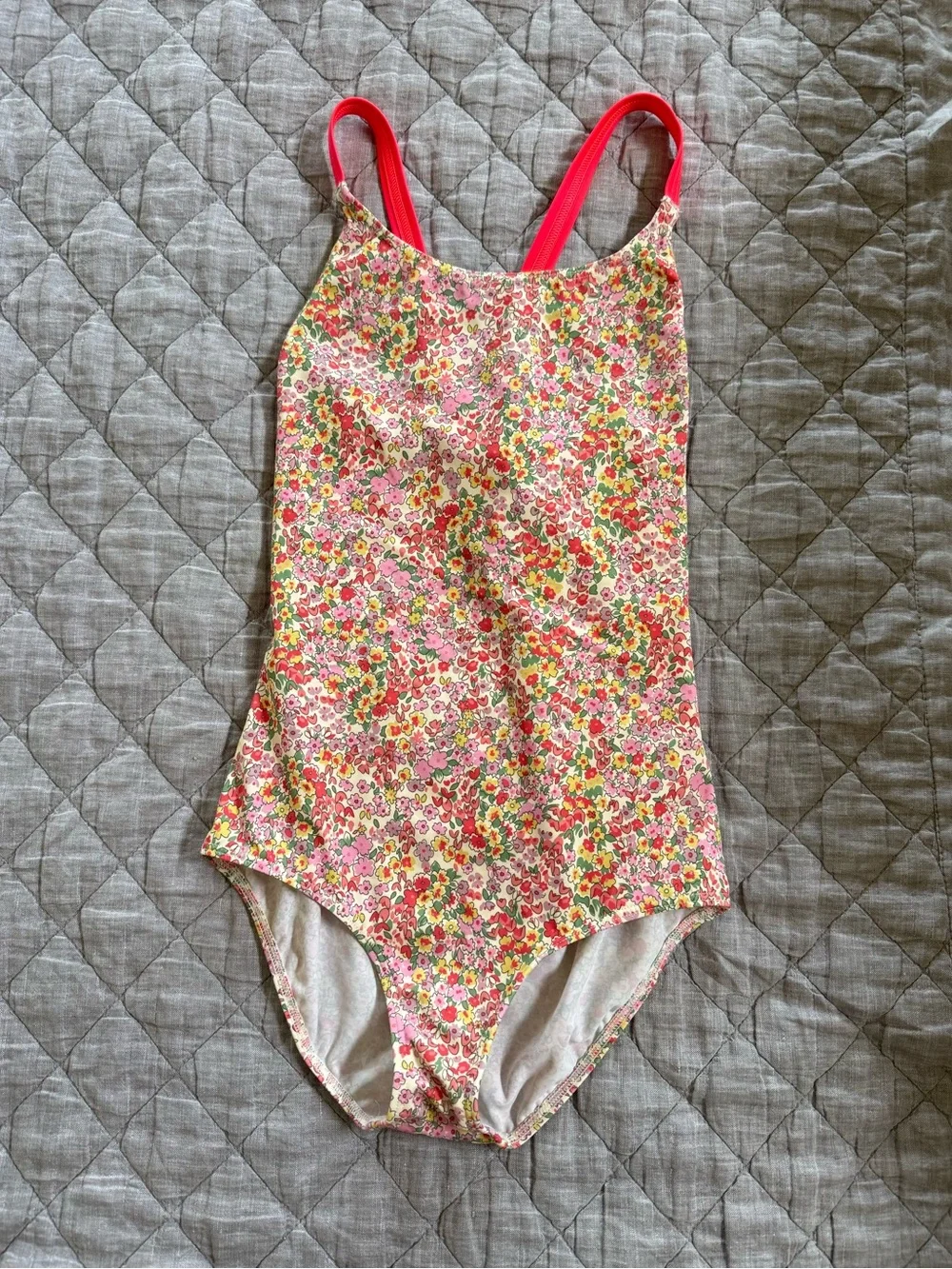 Boden Girls' Pink Floral One-Piece Swimsuit with Coral Straps